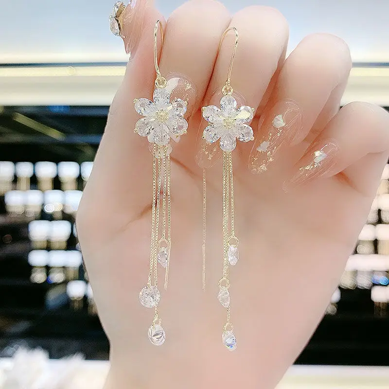 Green Shiny Zircon Flower Drop Earrings For Women Luxury Crystal Long Tassel Ear Line Hanging Earring Wedding Jewelry Gift