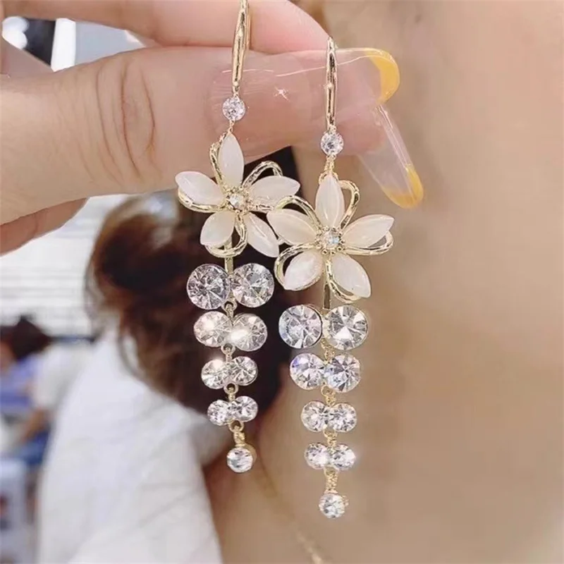 Green Shiny Zircon Flower Drop Earrings For Women Luxury Crystal Long Tassel Ear Line Hanging Earring Wedding Jewelry Gift
