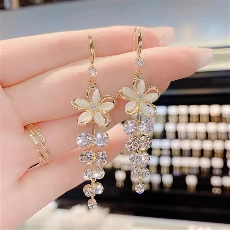 Green Shiny Zircon Flower Drop Earrings For Women Luxury Crystal Long Tassel Ear Line Hanging Earring Wedding Jewelry Gift