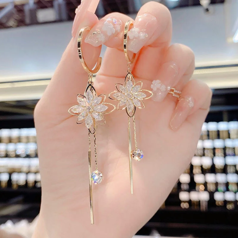 Green Shiny Zircon Flower Drop Earrings For Women Luxury Crystal Long Tassel Ear Line Hanging Earring Wedding Jewelry Gift