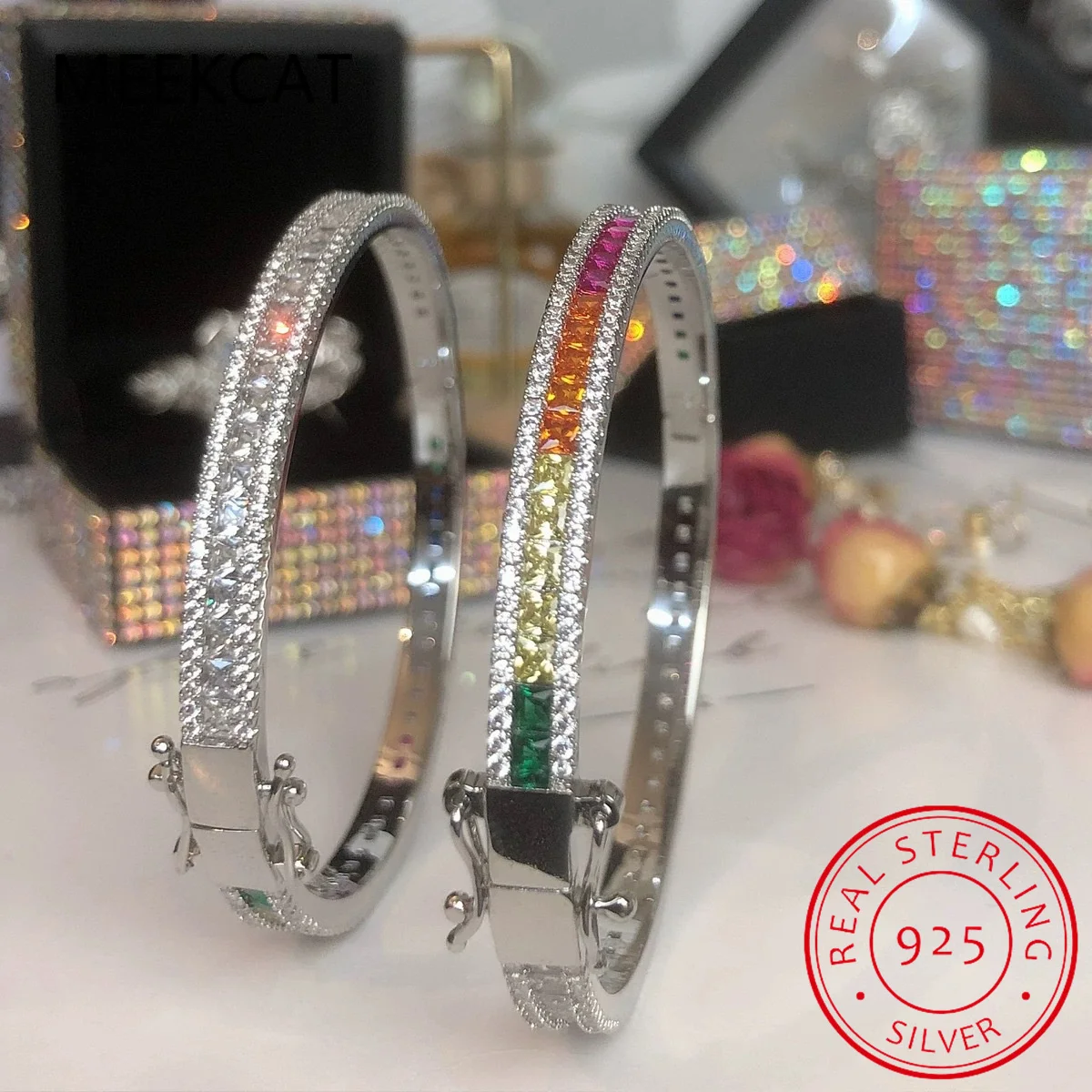 Luxury D Color Colored Rainbow Tennis Full Moissanite Bangle Bracelet for Woman Party S925 Sterling Silver Diamond Jewelry