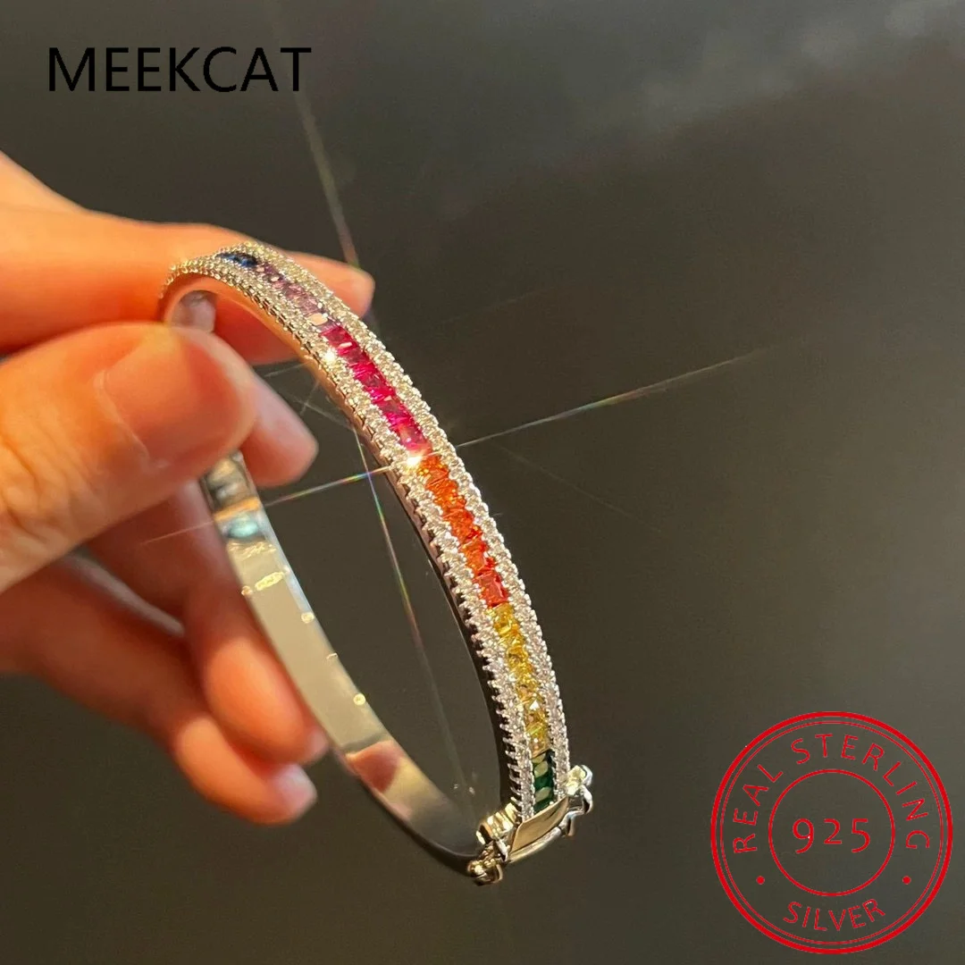 Luxury D Color Colored Rainbow Tennis Full Moissanite Bangle Bracelet for Woman Party S925 Sterling Silver Diamond Jewelry