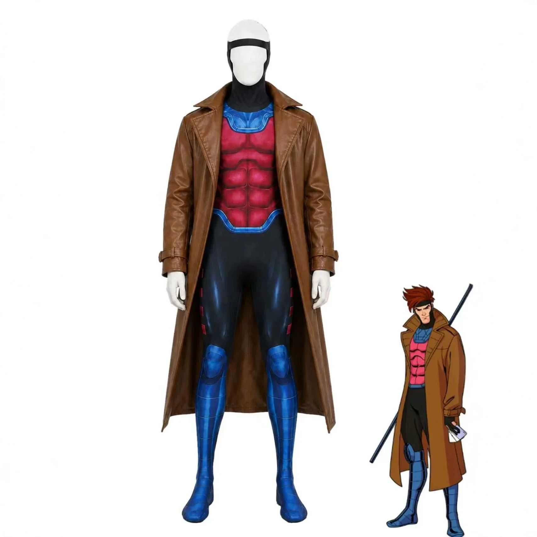 X Gambit Remy Cosplay Costume Man Battle Suit Leather Long Trench Jumpsuit Mask Set Superhero Halloween Carnival Outfits
