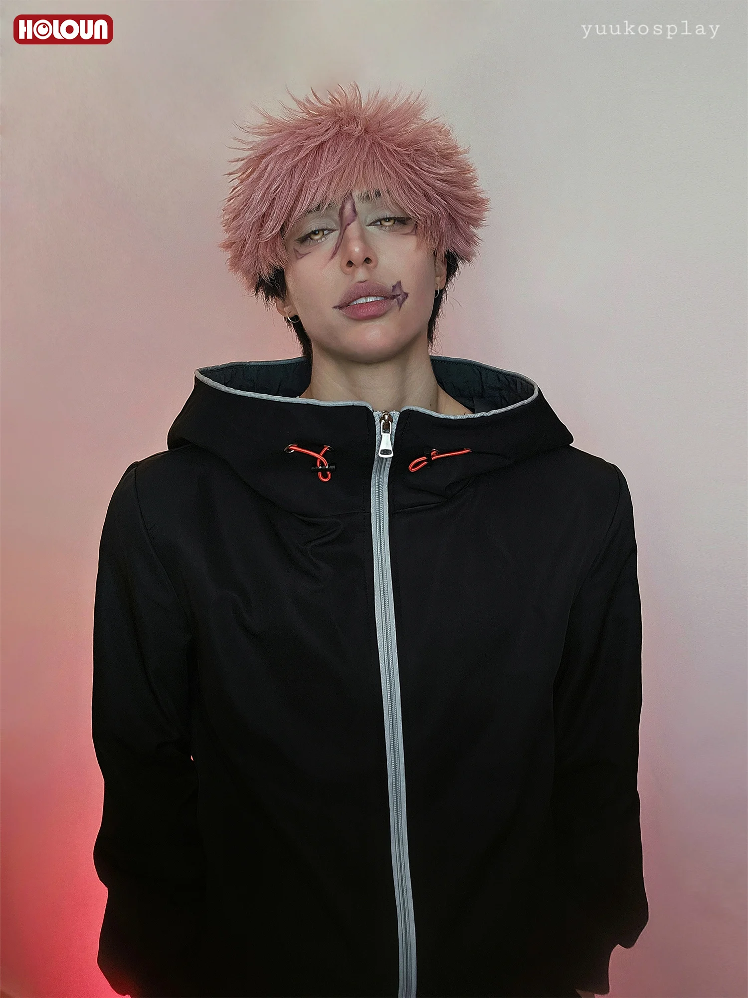HOLOUN Jujutsu JJK Anime Itadori Yuji Cosplay Costume Wig Latest Hoodie Pants Halloween Christmas Convention Rose Net Synthetic