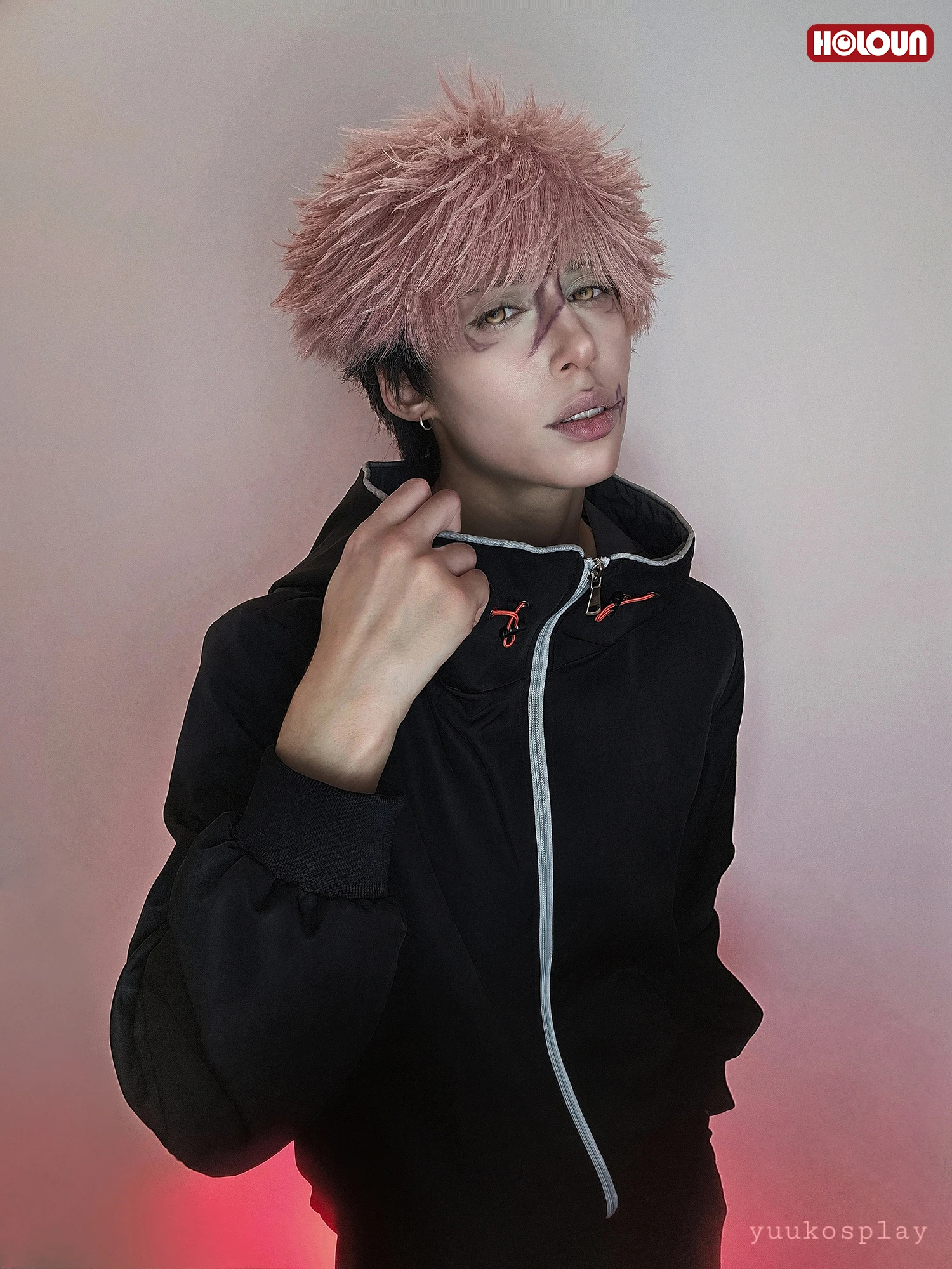 HOLOUN Jujutsu JJK Anime Itadori Yuji Cosplay Costume Wig Latest Hoodie Pants Halloween Christmas Convention Rose Net Synthetic