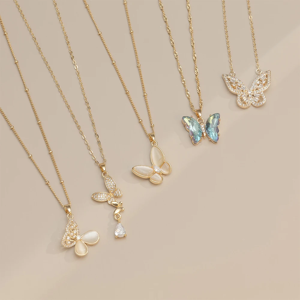 Monkton Fashion Butterfly Necklaces for Women Gold Plated Clavicle Chain with Crystal/Mother-of-Pearl Pendant Charm Accessories