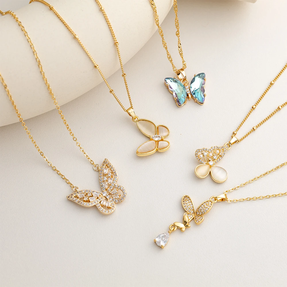Monkton Fashion Butterfly Necklaces for Women Gold Plated Clavicle Chain with Crystal/Mother-of-Pearl Pendant Charm Accessories