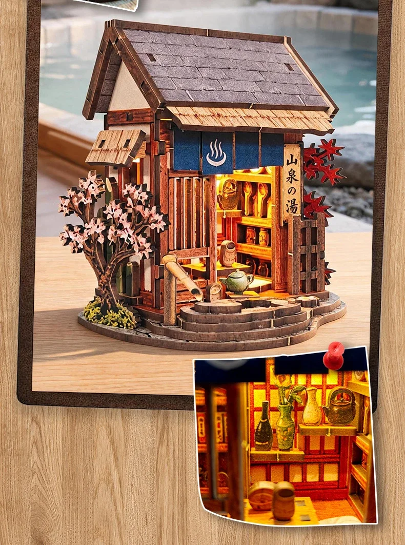 DIY Wooden Mountain Onsen Lodge Cottage Figurines Miniatures Kits Assembled Casa for Friends Birthday Gifts Home Decor Crafts