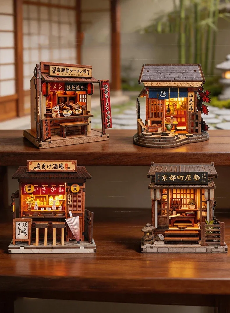 DIY Wooden Mountain Onsen Lodge Cottage Figurines Miniatures Kits Assembled Casa for Friends Birthday Gifts Home Decor Crafts