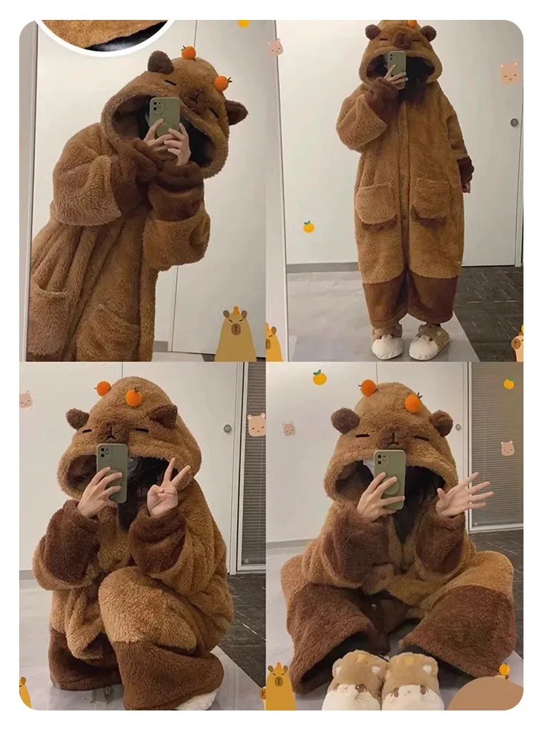 Thicken Flannel Cartoon Pajama Kigurumi Winter Robe Sleepwear Jumpsuit Halloween Funny Home Clothes Loungewear Cosplay Costume