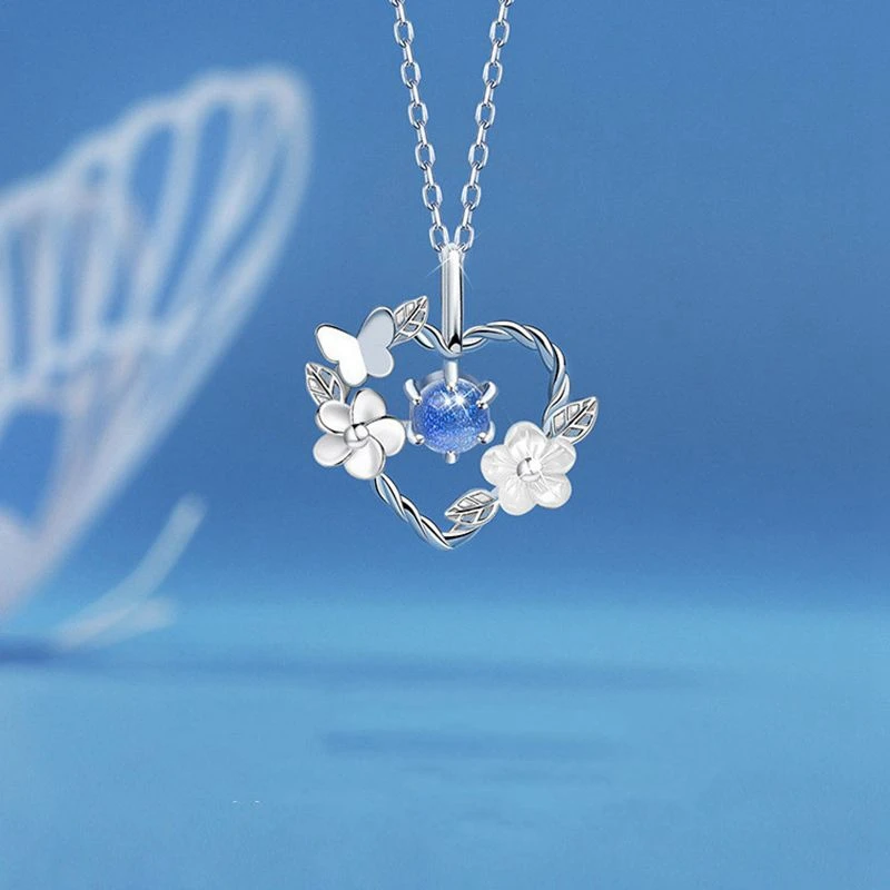 Simple Fashion Pink Zircon Cherry Blossom Pendant Necklace For Women Butterfly Love Collarbone Chain Wedding Jewelry Gifts