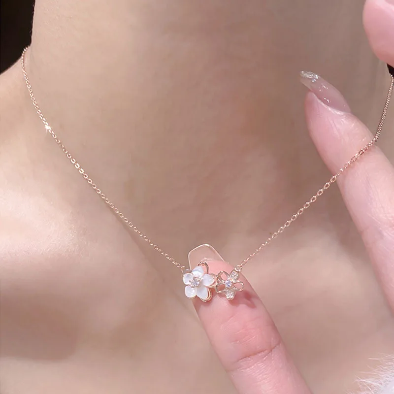 Simple Fashion Pink Zircon Cherry Blossom Pendant Necklace For Women Butterfly Love Collarbone Chain Wedding Jewelry Gifts