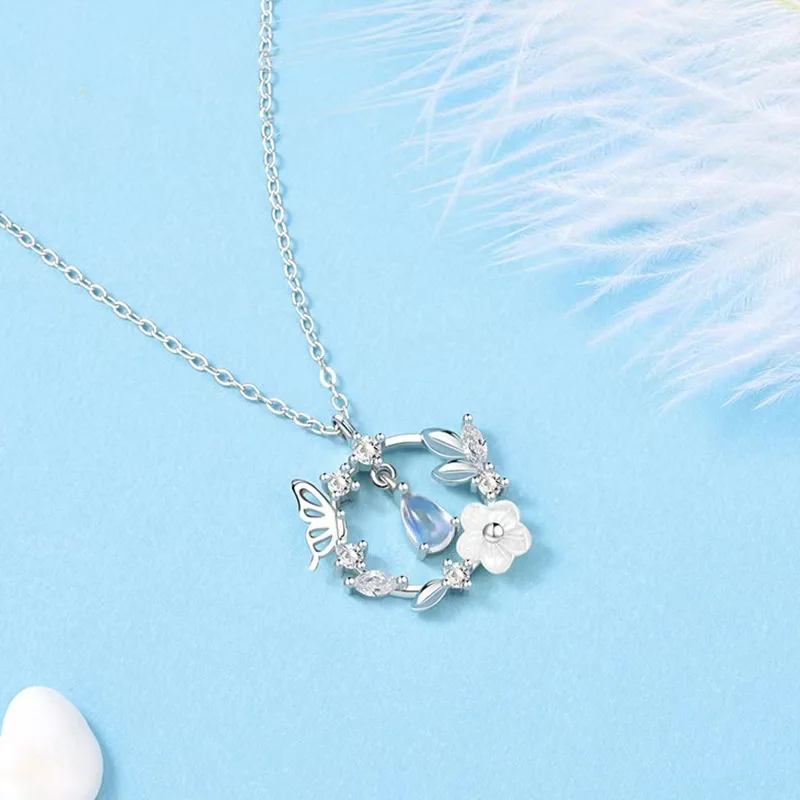Simple Fashion Pink Zircon Cherry Blossom Pendant Necklace For Women Butterfly Love Collarbone Chain Wedding Jewelry Gifts