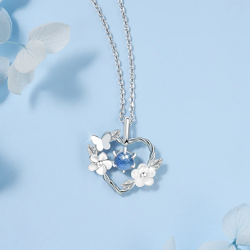 Simple Fashion Pink Zircon Cherry Blossom Pendant Necklace For Women Butterfly Love Collarbone Chain Wedding Jewelry Gifts