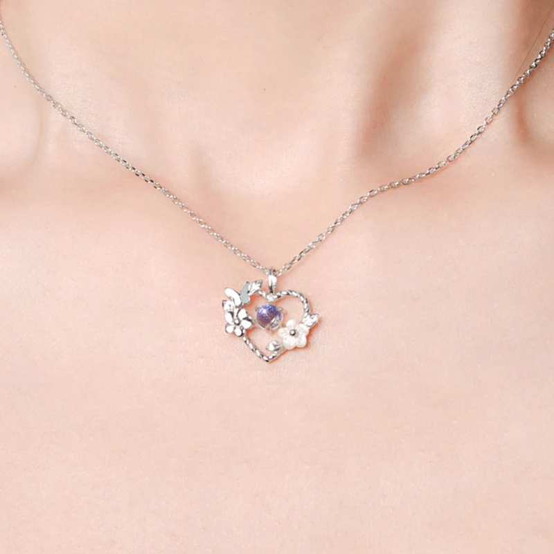 Simple Fashion Pink Zircon Cherry Blossom Pendant Necklace For Women Butterfly Love Collarbone Chain Wedding Jewelry Gifts