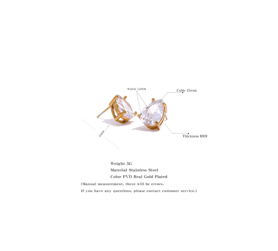Yhpup Shinny AAA Cubic Zirconia Stainless Steel Water Drop Stud Earrings Women 18k Gold Plated Waterproof Fashion Bling Jewelry