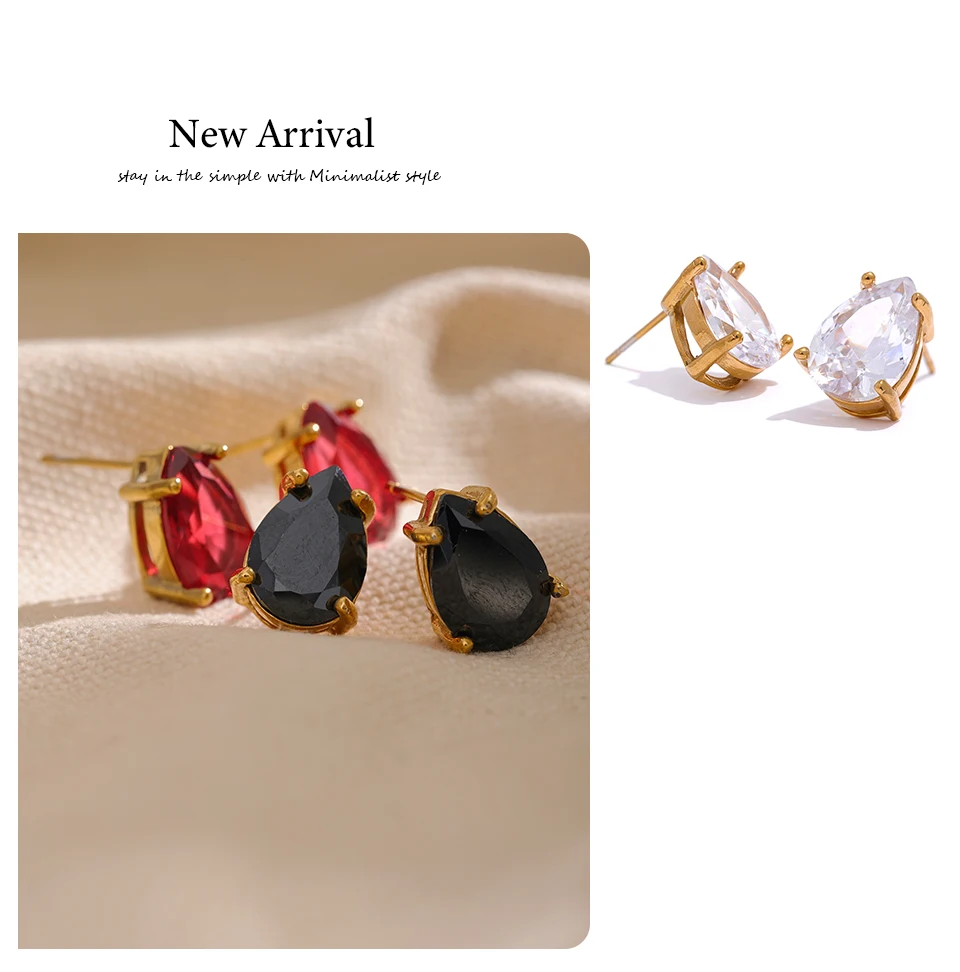 Yhpup Shinny AAA Cubic Zirconia Stainless Steel Water Drop Stud Earrings Women 18k Gold Plated Waterproof Fashion Bling Jewelry