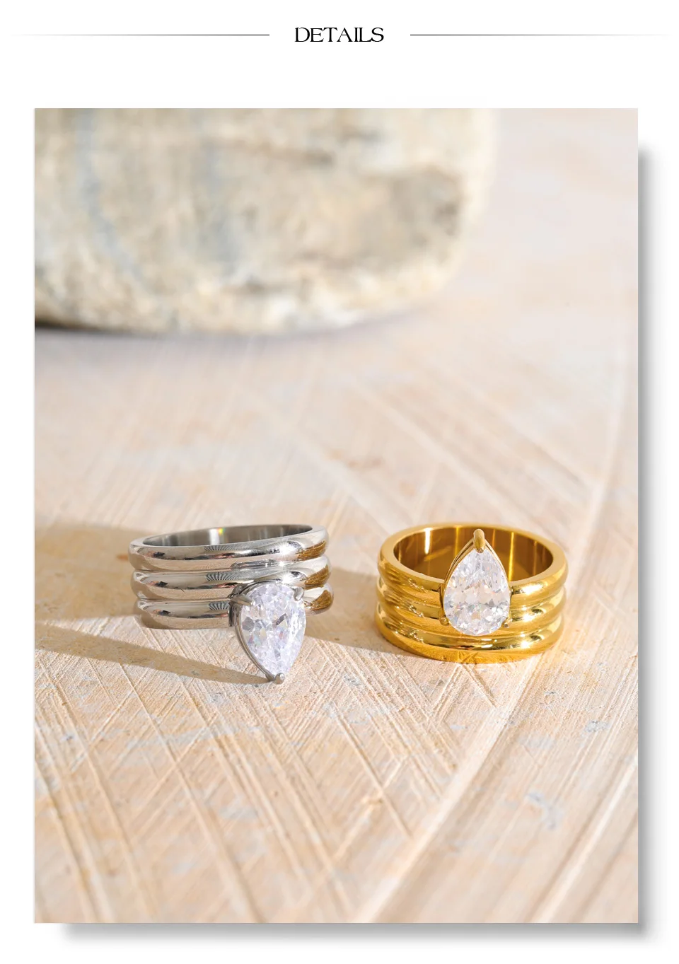 Yhpup Stainless Steel Layered Zircon Teardrop Cast Ring High Quality Shiny Aesthetic Premium Jewelry Accessories