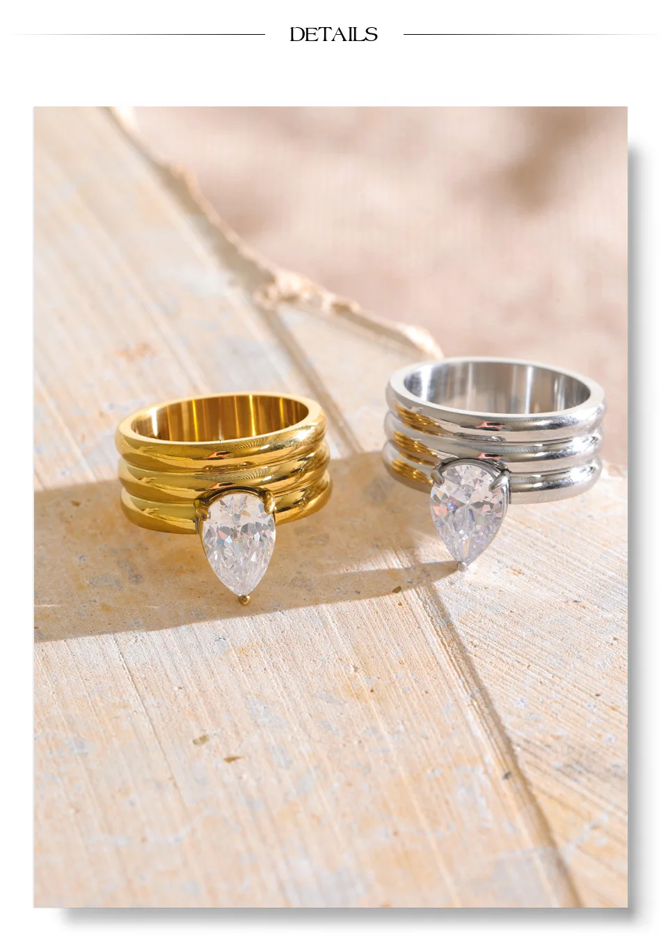 Yhpup Stainless Steel Layered Zircon Teardrop Cast Ring High Quality Shiny Aesthetic Premium Jewelry Accessories