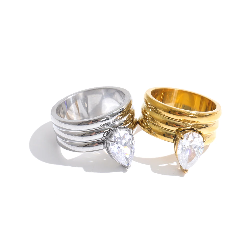 Yhpup Stainless Steel Layered Zircon Teardrop Cast Ring High Quality Shiny Aesthetic Premium Jewelry Accessories