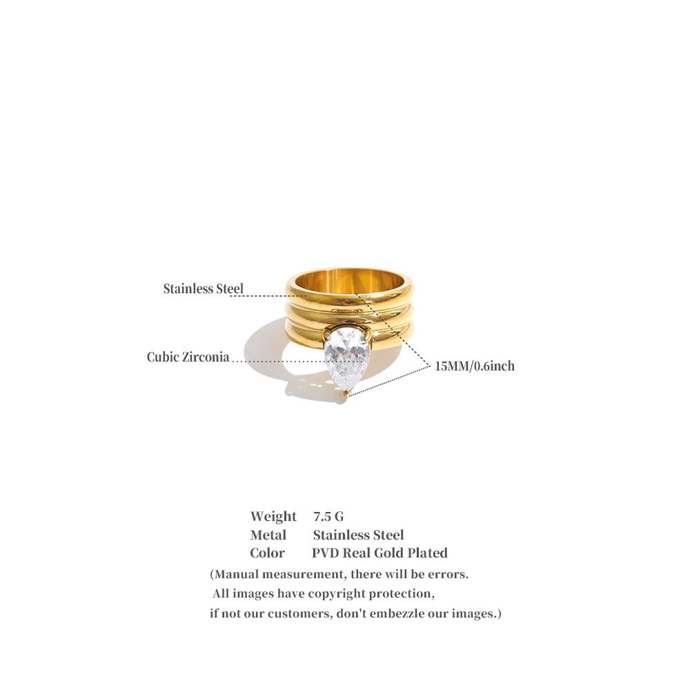 Yhpup Stainless Steel Layered Zircon Teardrop Cast Ring High Quality Shiny Aesthetic Premium Jewelry Accessories