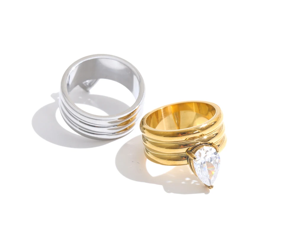 Yhpup Stainless Steel Layered Zircon Teardrop Cast Ring High Quality Shiny Aesthetic Premium Jewelry Accessories