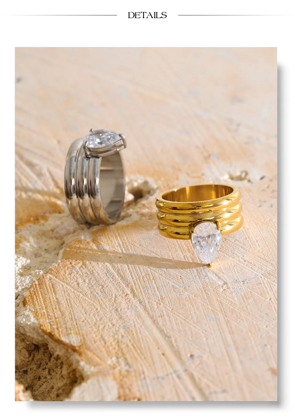 Yhpup Stainless Steel Layered Zircon Teardrop Cast Ring High Quality Shiny Aesthetic Premium Jewelry Accessories