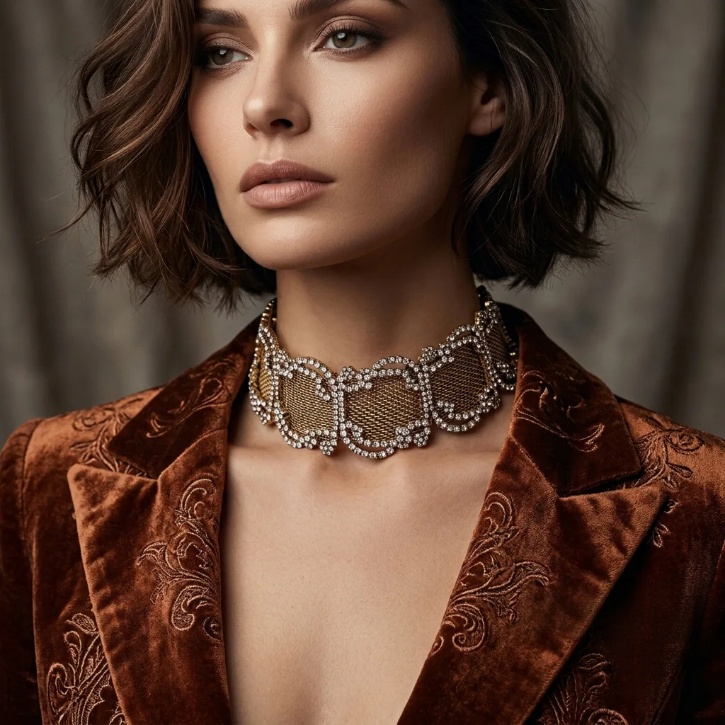 Fashion Retro Luxury Shiny Metal Mesh Spliced Choker Necklace for Party