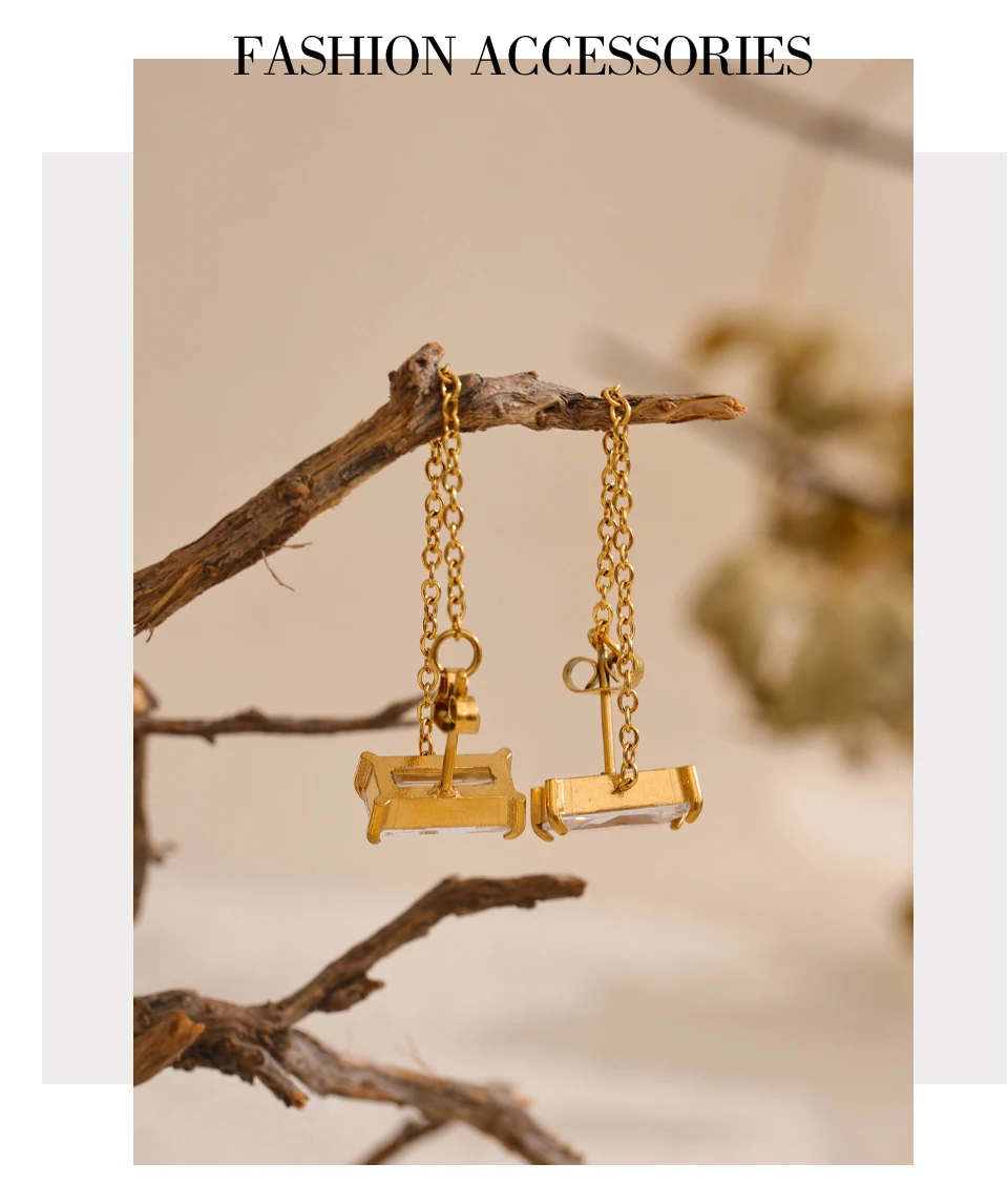Yhpup Shiny Cubic Zirconia Stainless Steel Chain Drop Dangle Earrings for Women Chic Daily Trendy Jewelry Wholesale Waterproof
