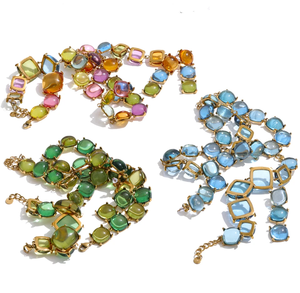 Yhpup Colorful Acrylic Resin Square Chain Necklace Bracelet Earrings Set PVD Plated Stainless Steel Fashion Y2K Jewelry