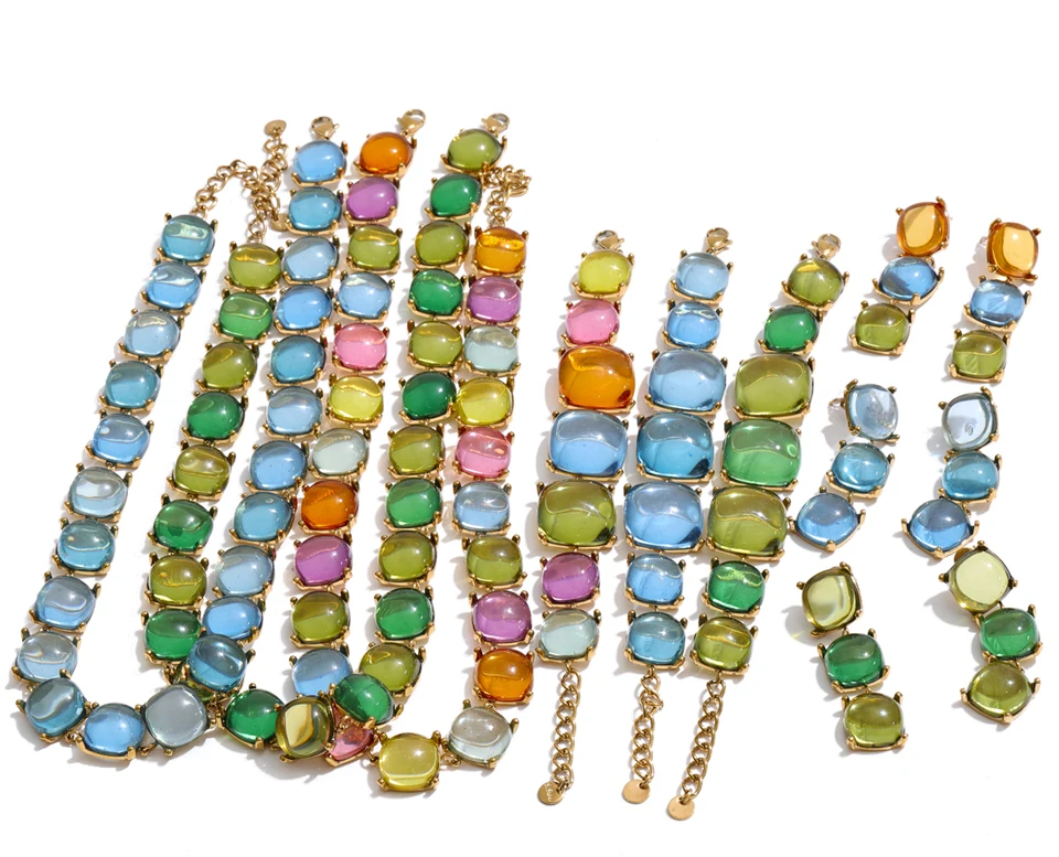 Yhpup Colorful Acrylic Resin Square Chain Necklace Bracelet Earrings Set PVD Plated Stainless Steel Fashion Y2K Jewelry