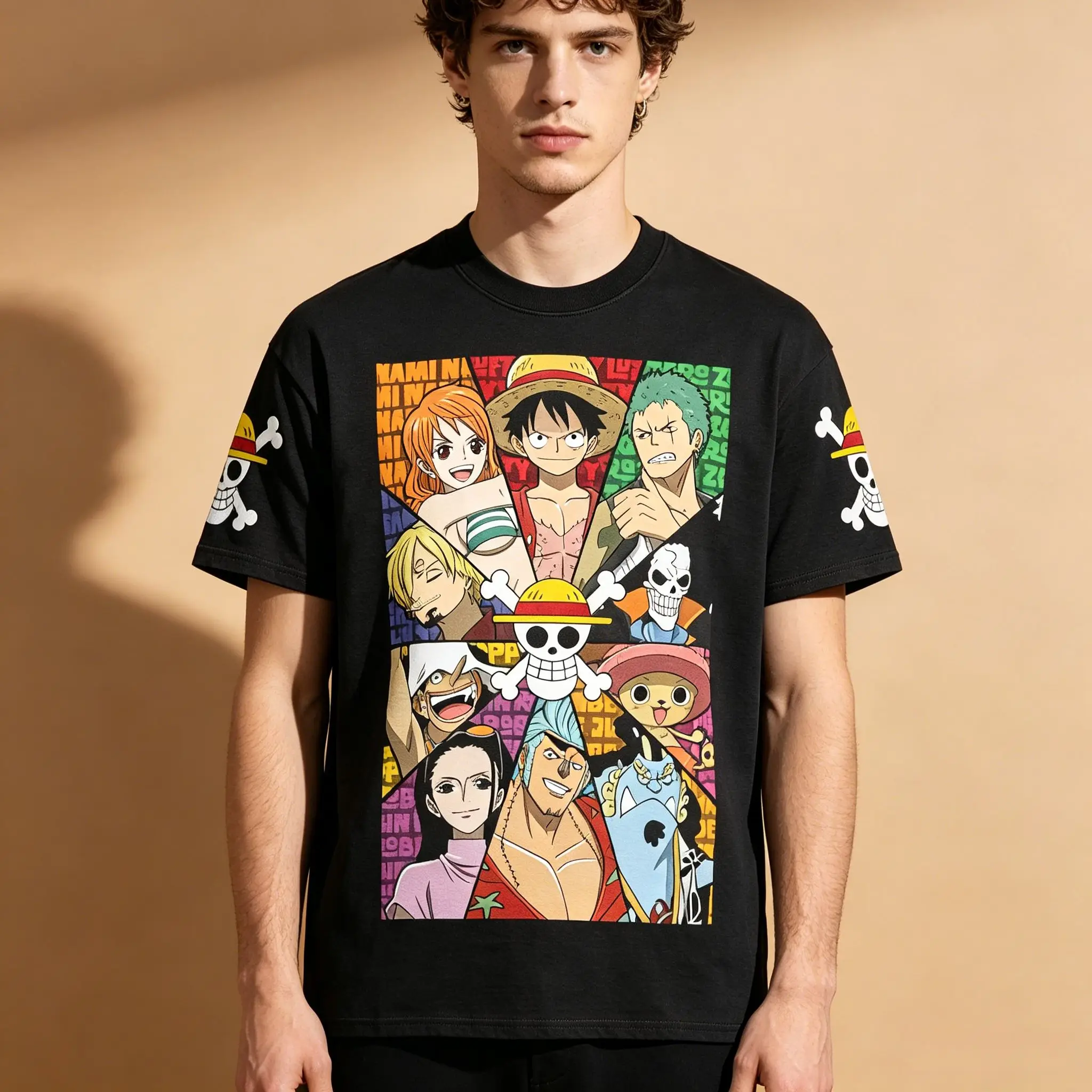 Men's One Piece Straw Hat Pirates Crew Front Back Matching T-Shirt, Anime Luffy Zoro Nami Chopper Graphic Otaku Streetwear Short
