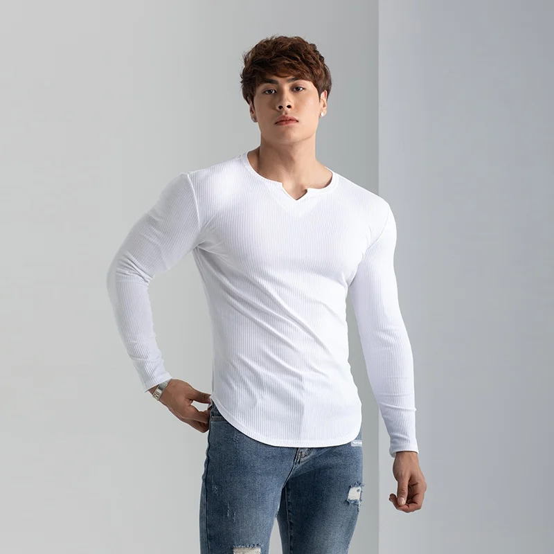 Men Slim Fit Fashion Long Sleeved Top Fitness Motion Hip Hop Streetwear Running And Fitness V Neck Trend Top