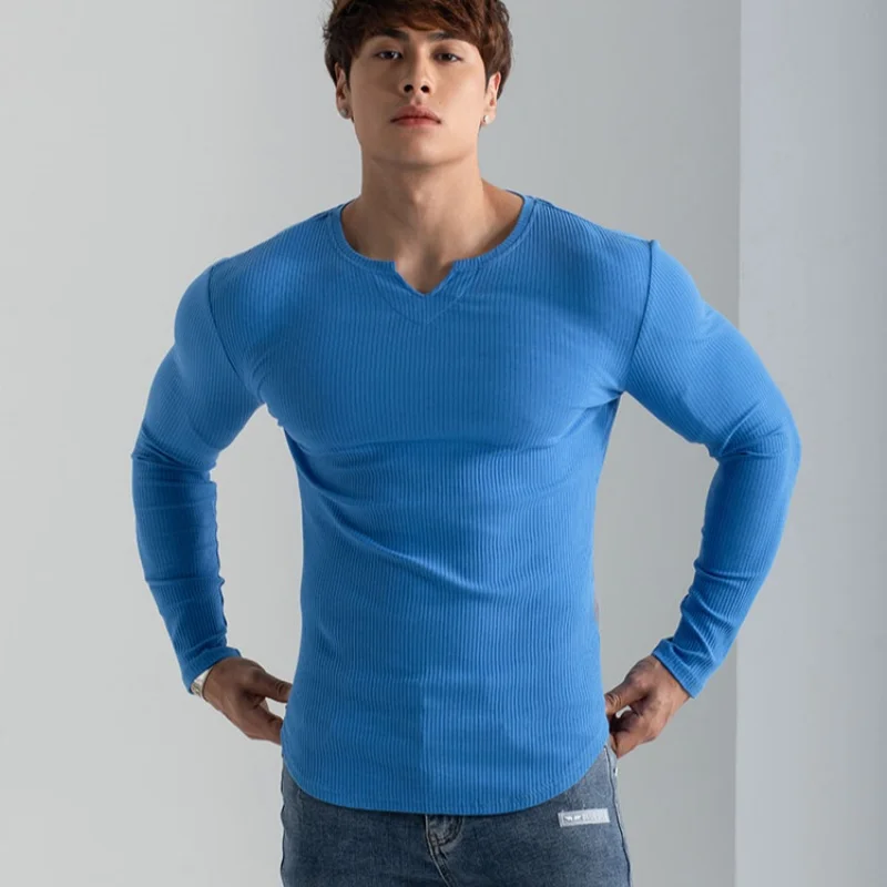 Men Slim Fit Fashion Long Sleeved Top Fitness Motion Hip Hop Streetwear Running And Fitness V Neck Trend Top