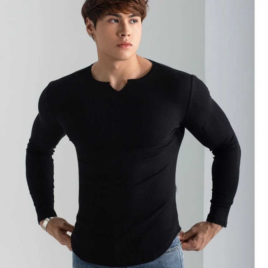 Men Slim Fit Fashion Long Sleeved Top Fitness Motion Hip Hop Streetwear Running And Fitness V Neck Trend Top