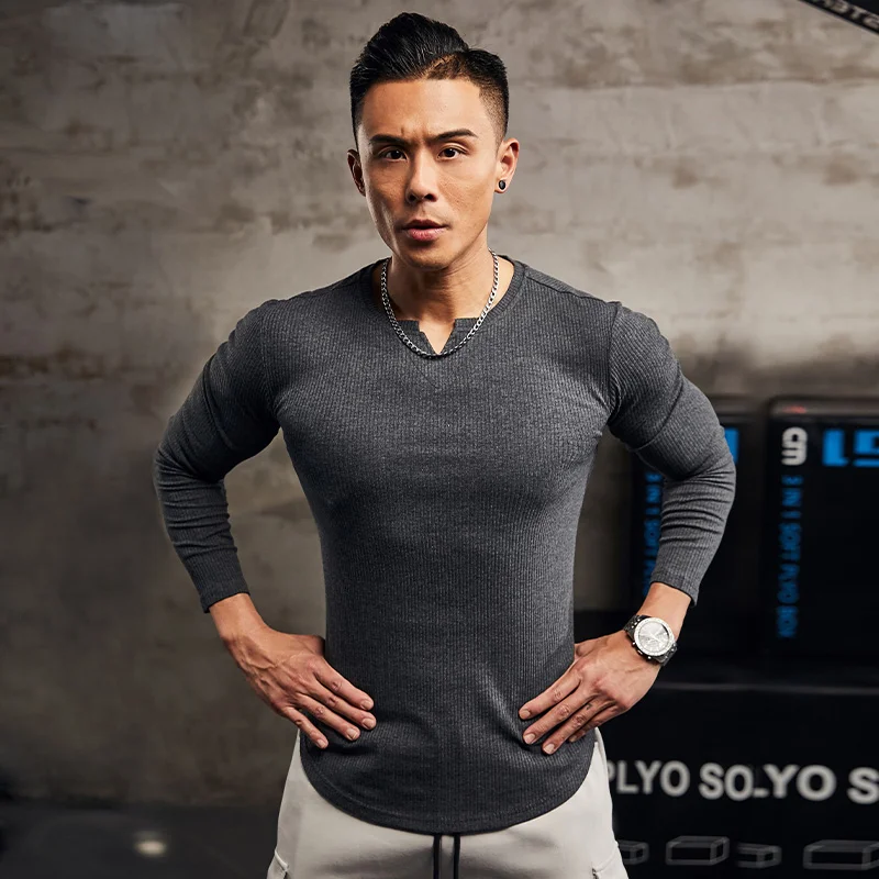 Men Slim Fit Fashion Long Sleeved Top Fitness Motion Hip Hop Streetwear Running And Fitness V Neck Trend Top