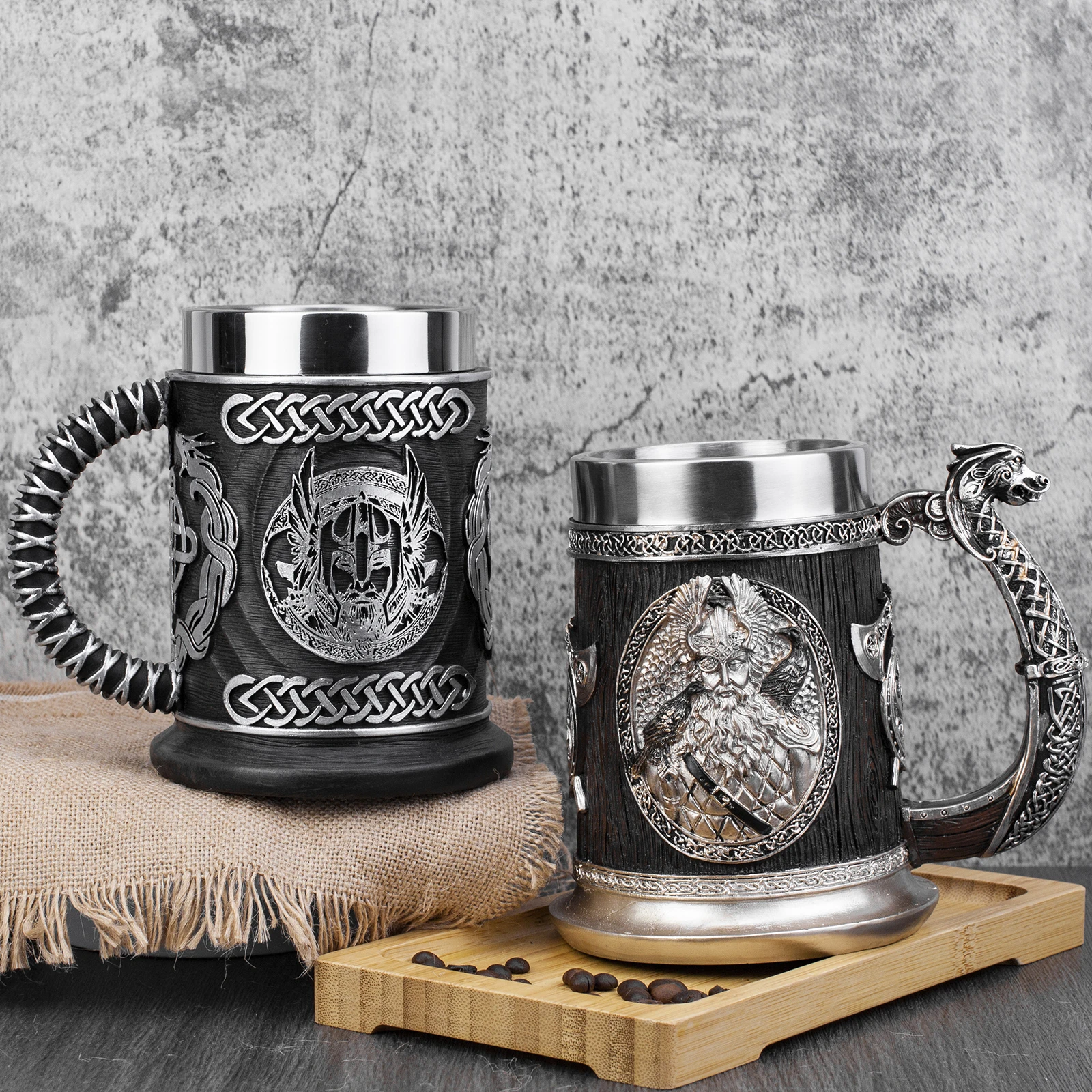 Norse Mythology Odin Thor Mug Tankard 304 Stainless Steel Resin 3D Retro Beer Stein Birthday God of War Lover Gift 600ml 20 oz