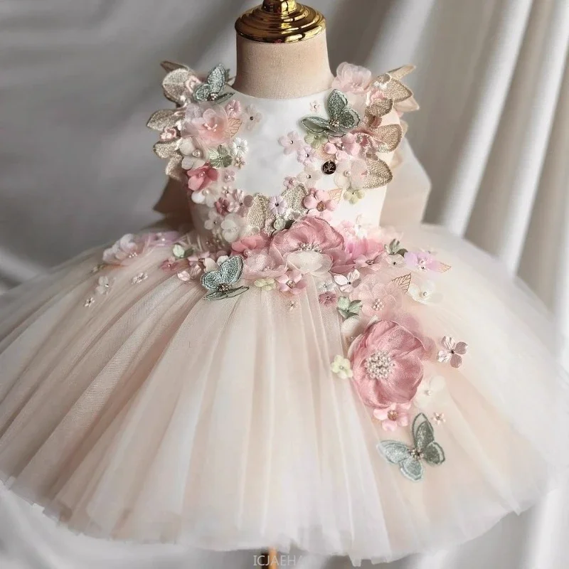 Custom Pink Floral Butterfly Tulle Flower Girl Dress First Christmas Dress Wedding Party Gown for Girls فساتين اطفال