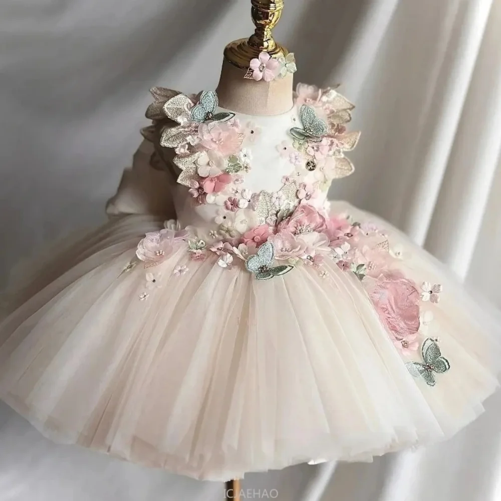 Custom Pink Floral Butterfly Tulle Flower Girl Dress First Christmas Dress Wedding Party Gown for Girls فساتين اطفال