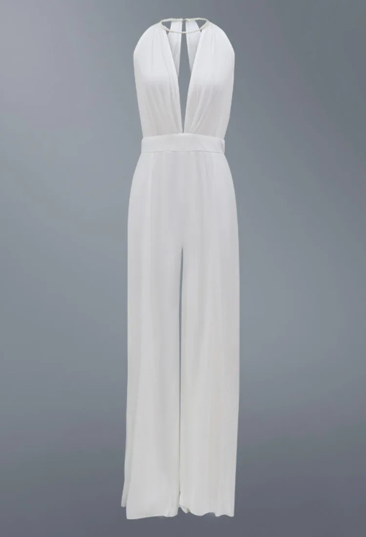 Sexy Deep V-neck Jumpsuits Women Sleeveless Halter Neck Backless Lace Hollow Out Wide Legs Slit Flared Jumpsuit Elegant Fashions