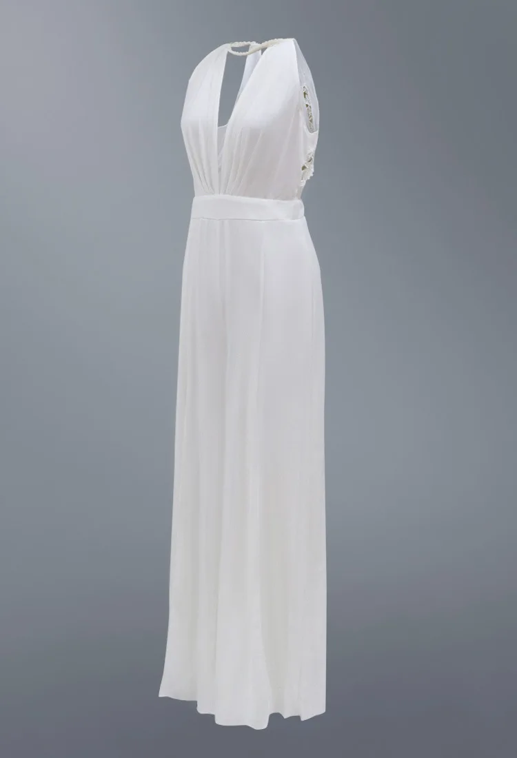 Sexy Deep V-neck Jumpsuits Women Sleeveless Halter Neck Backless Lace Hollow Out Wide Legs Slit Flared Jumpsuit Elegant Fashions