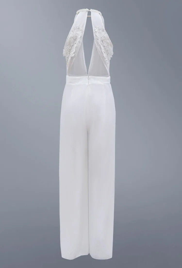 Sexy Deep V-neck Jumpsuits Women Sleeveless Halter Neck Backless Lace Hollow Out Wide Legs Slit Flared Jumpsuit Elegant Fashions