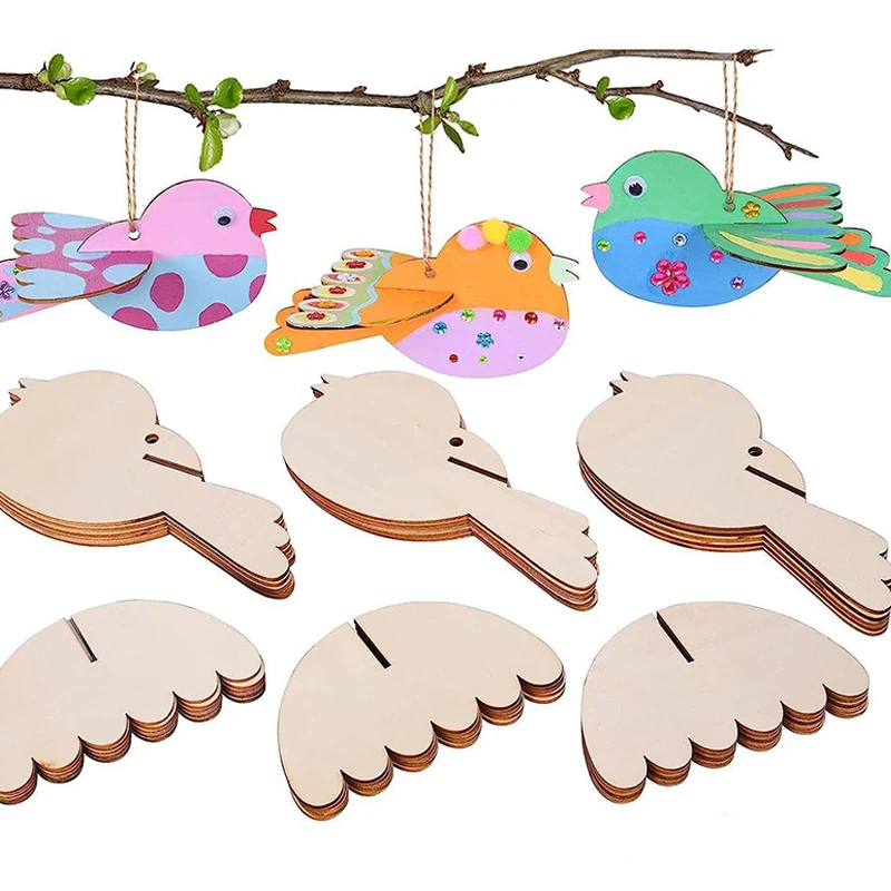 YOMDID 5pcs Unfinished Wooden Ornaments - Blank Wooden Bird Hanging Decorations, Colorful Painted Design (with Hemp Rope)