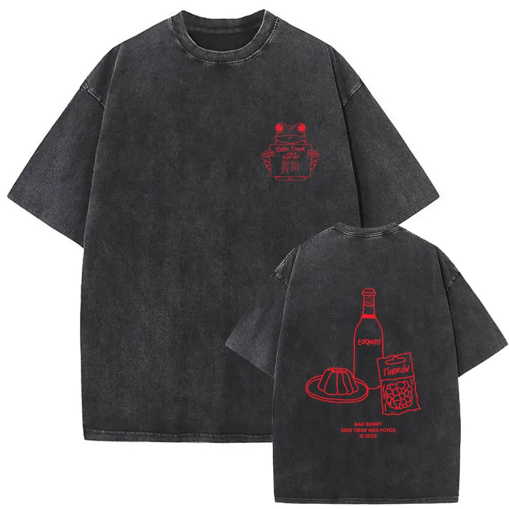 Rapper Bad Bunny Washed Vintage T-shirt Debi Tirar Mas Fotos DTMF World Tour 2026 T Shirts Men Women Fashion Hip Hop T-shirts