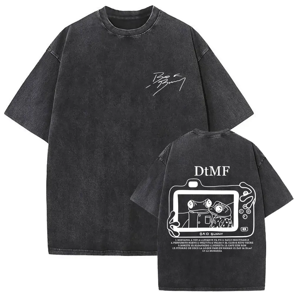 Rapper Bad Bunny Washed Vintage T-shirt Debi Tirar Mas Fotos DTMF World Tour 2026 T Shirts Men Women Fashion Hip Hop T-shirts