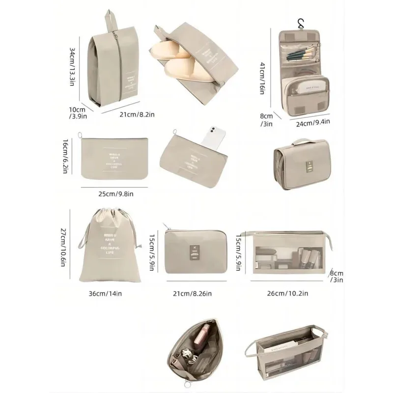 Travel Storage Bags Set 7/8/9/10-Piece Digital Toiletries Organizer Suitcase Packing Cubes for Clothes Shoes Clothes Tidy Pouch