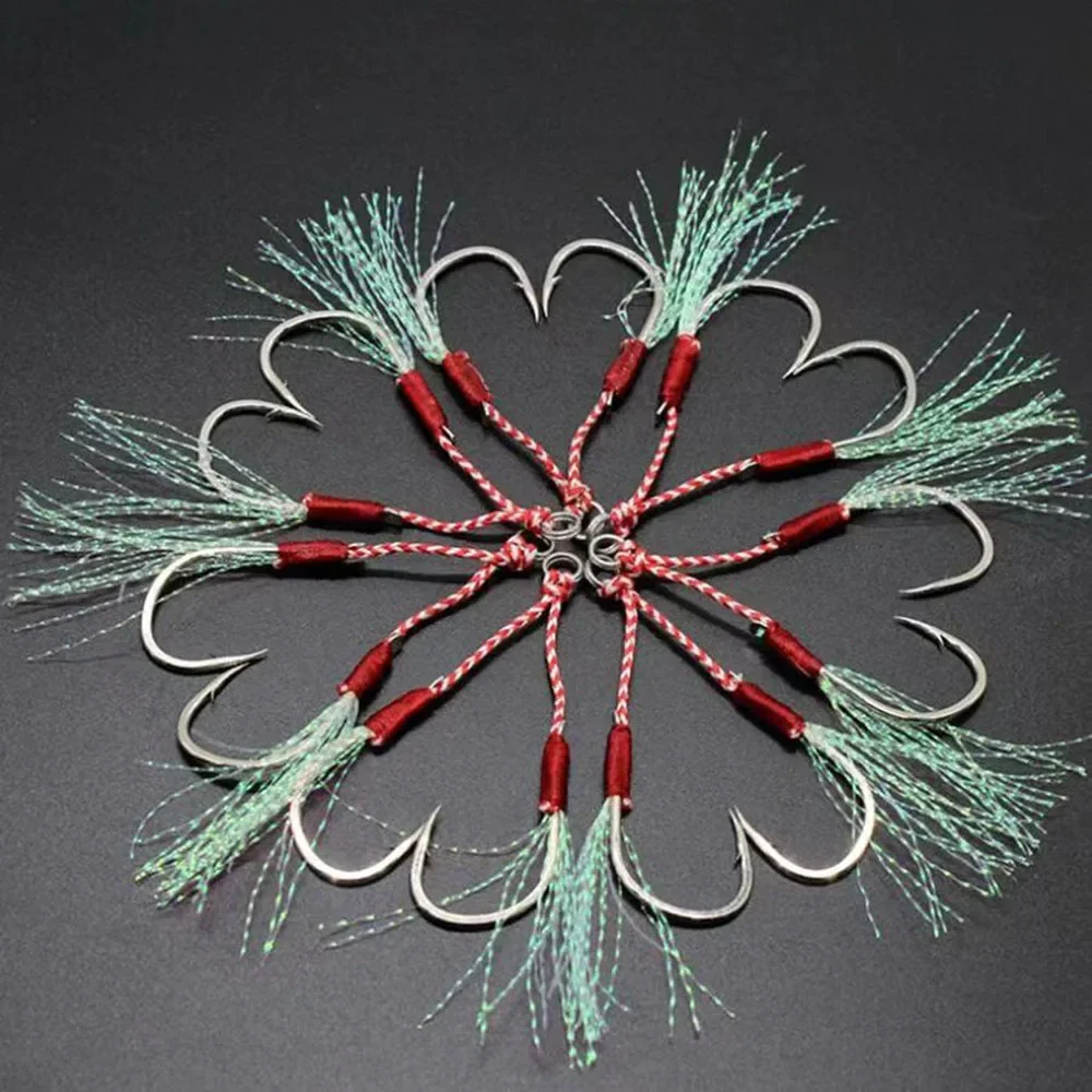 10PCS/Lot Cast Jig Assist Hook High Carbon Steel Angle Barbed Thread Feather Lure Fishing Tackle Slow Jigging Sea Pesca Fishhook
