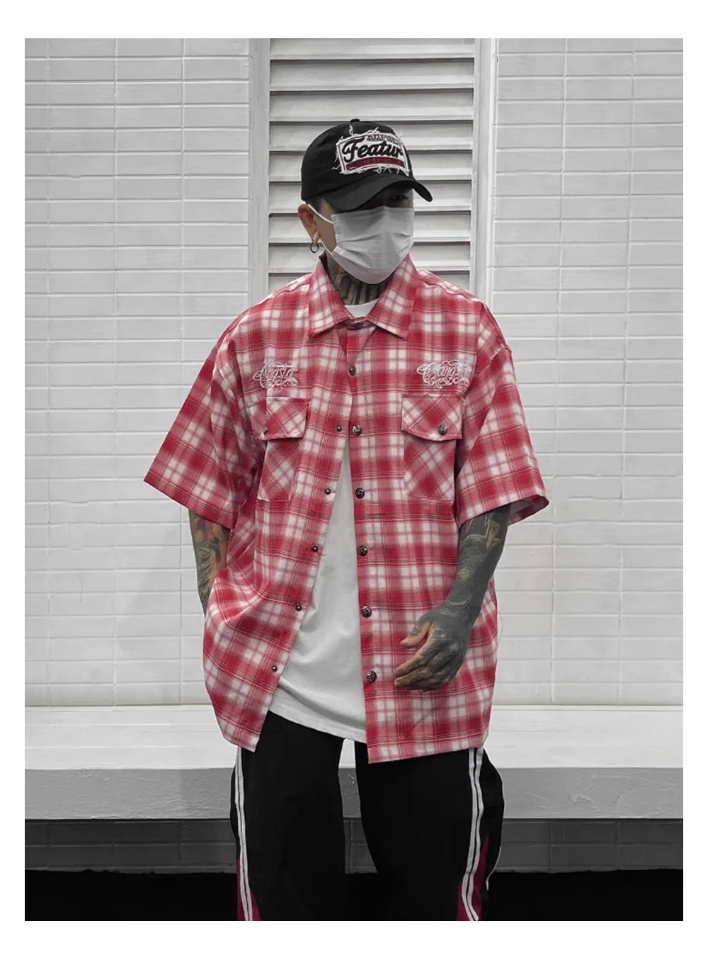 Chicano Safari Short Sleeve Shirt Mens Summer Streetwear Casual Loose Letter Embroidery Lapel Plaid Shirt Man