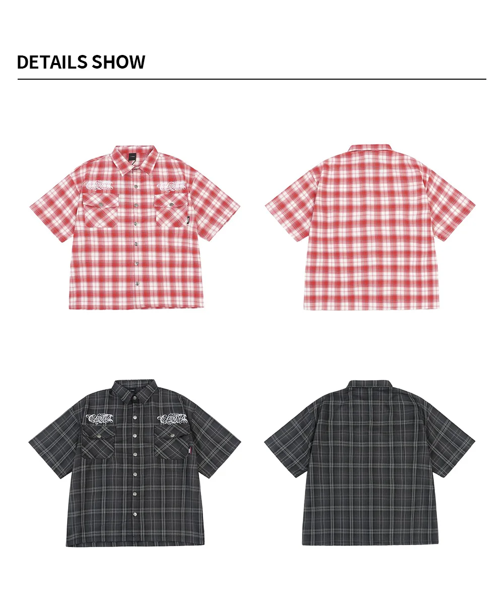Chicano Safari Short Sleeve Shirt Mens Summer Streetwear Casual Loose Letter Embroidery Lapel Plaid Shirt Man