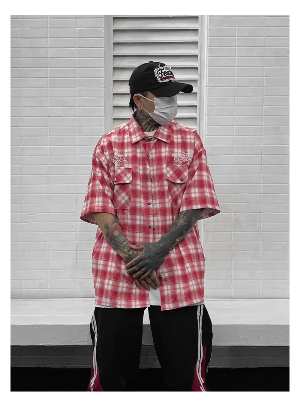 Chicano Safari Short Sleeve Shirt Mens Summer Streetwear Casual Loose Letter Embroidery Lapel Plaid Shirt Man